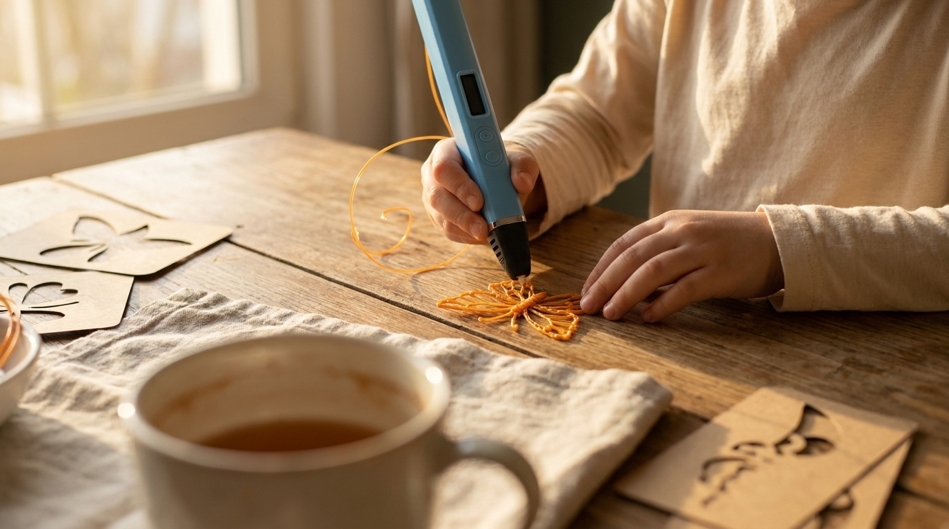 A child building a small 3D butterfly in warm window light, using a 3D printer pen at a wooden kitchen table.