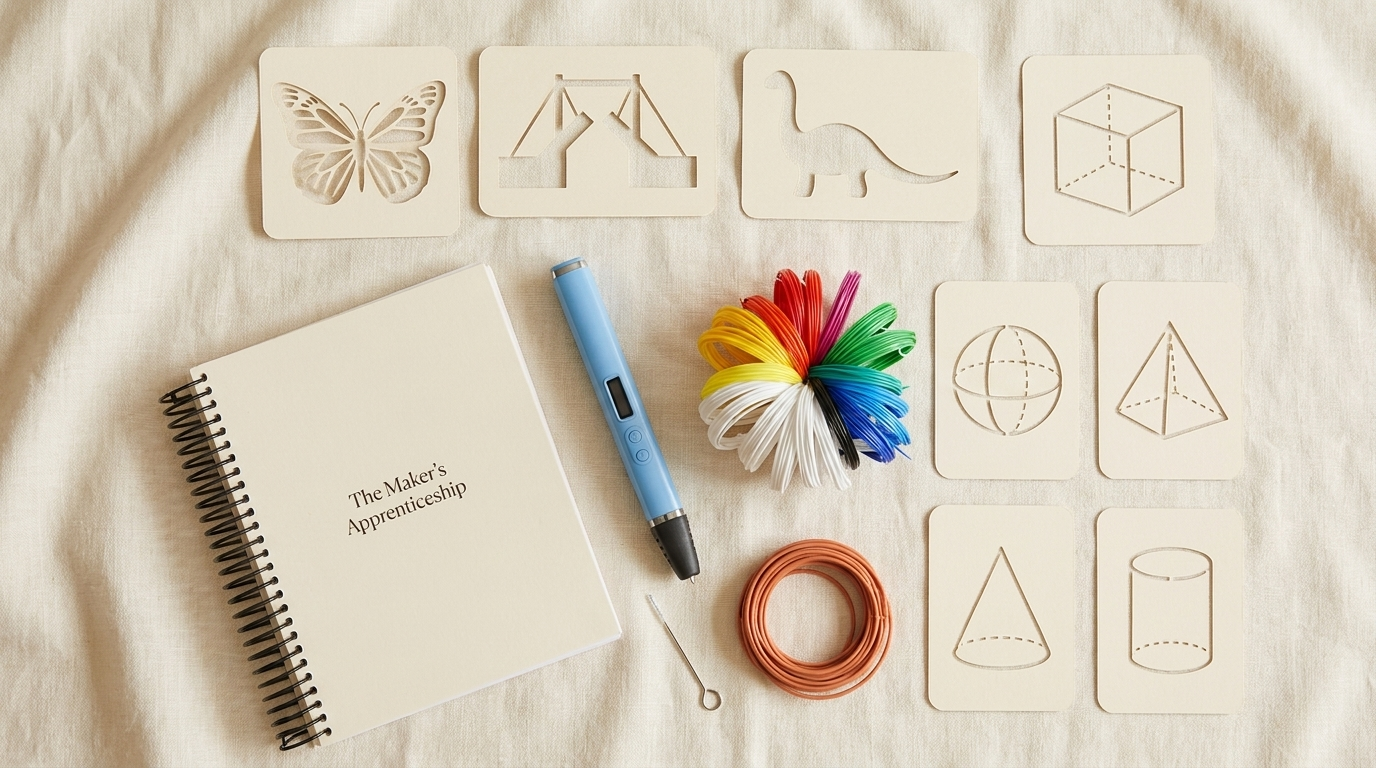 The Brain Craft 3D Starter Kit — cool-touch pen, structural stencils, PLA filament, and the Maker's Apprenticeship guide laid out on cream linen.